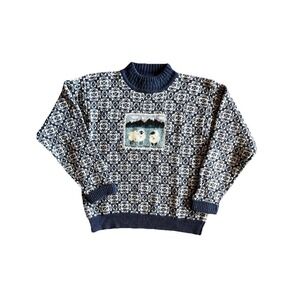 Woolrich Sweater Womens Medium Blue Penguin Fair Isle Mock Neck Knit Pullover